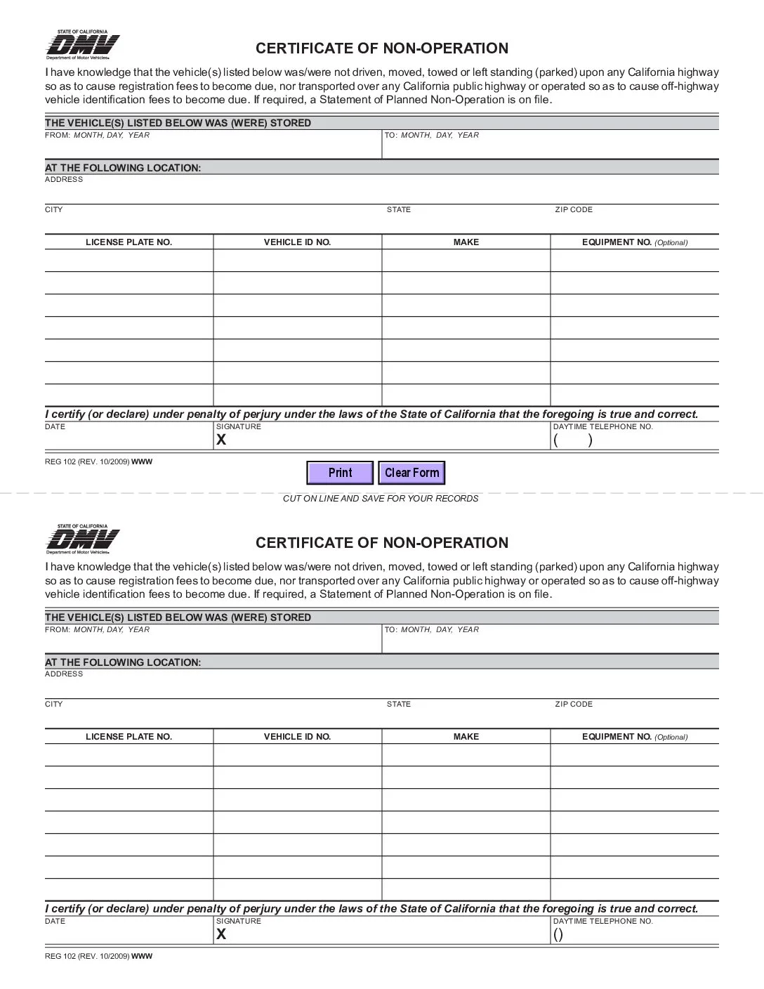Certificate of Non-Operation Form