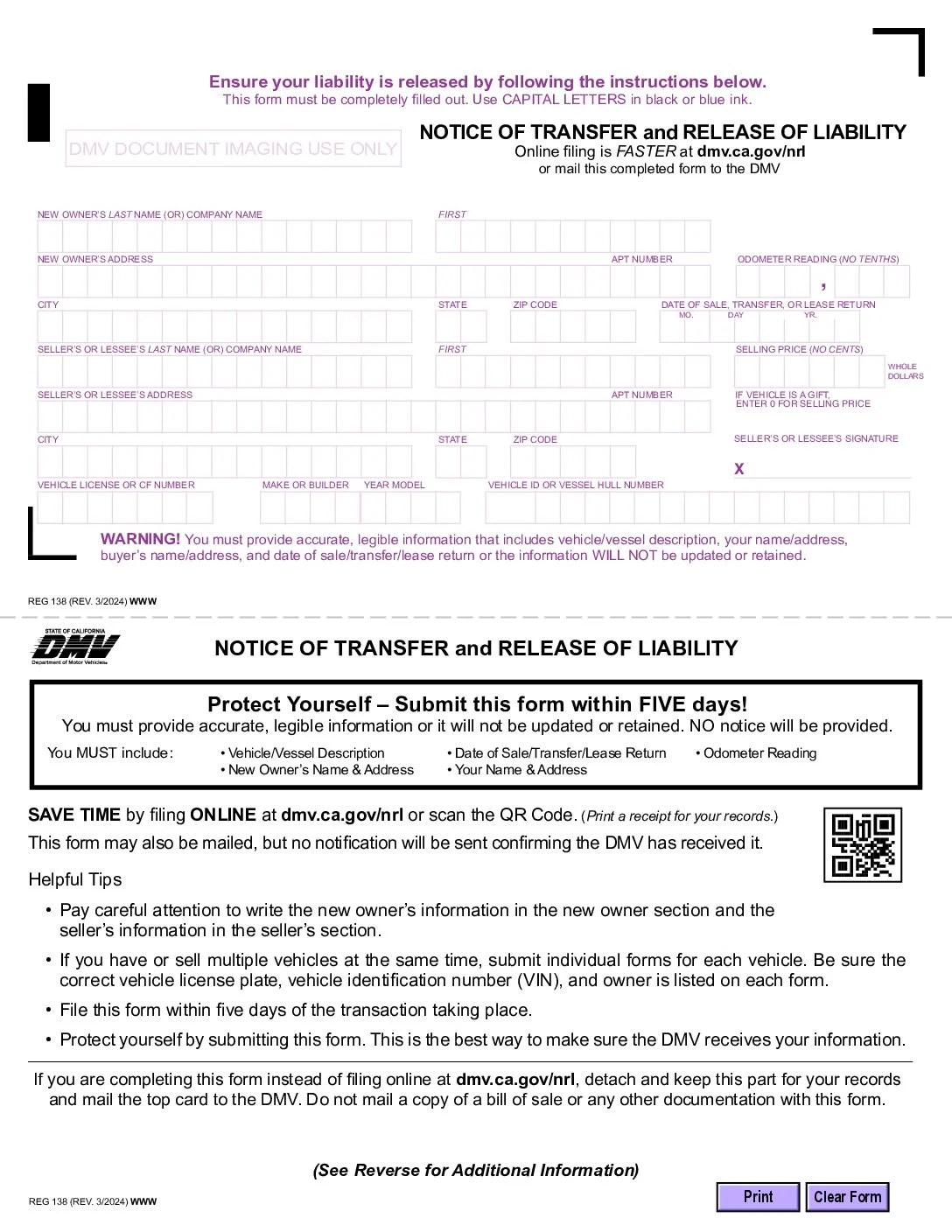 Notice of Transfer and Release of Liability Form