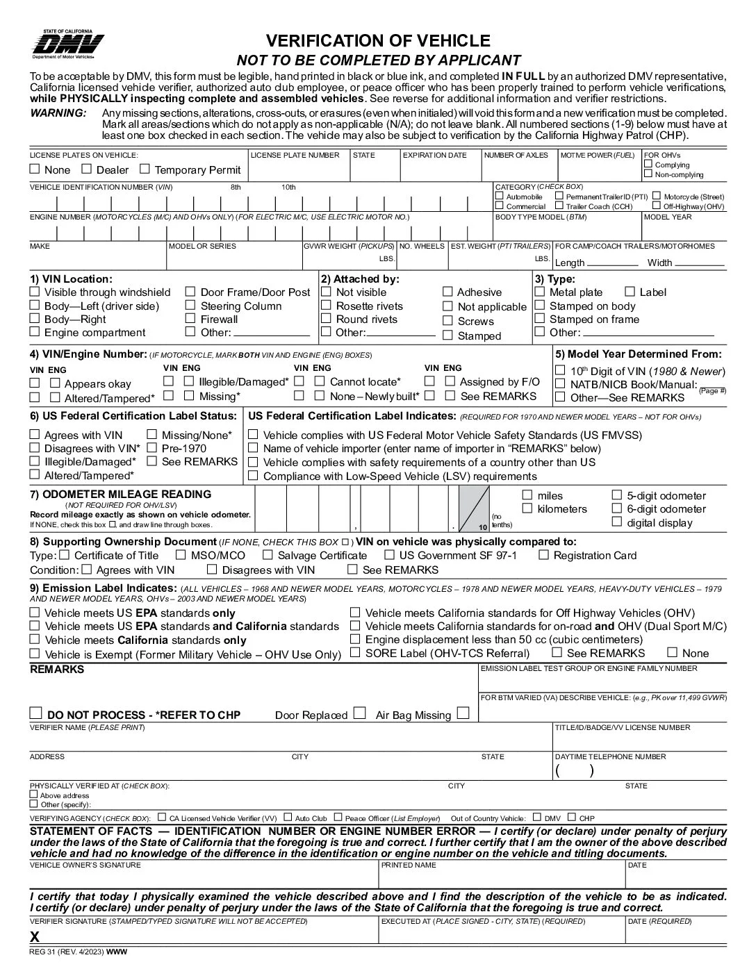 Verification of Vehicle Form