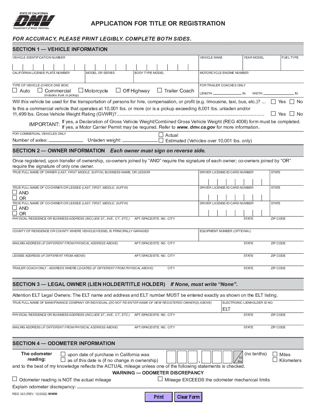 Application for Title or Registration/Verification of Vehicle Form