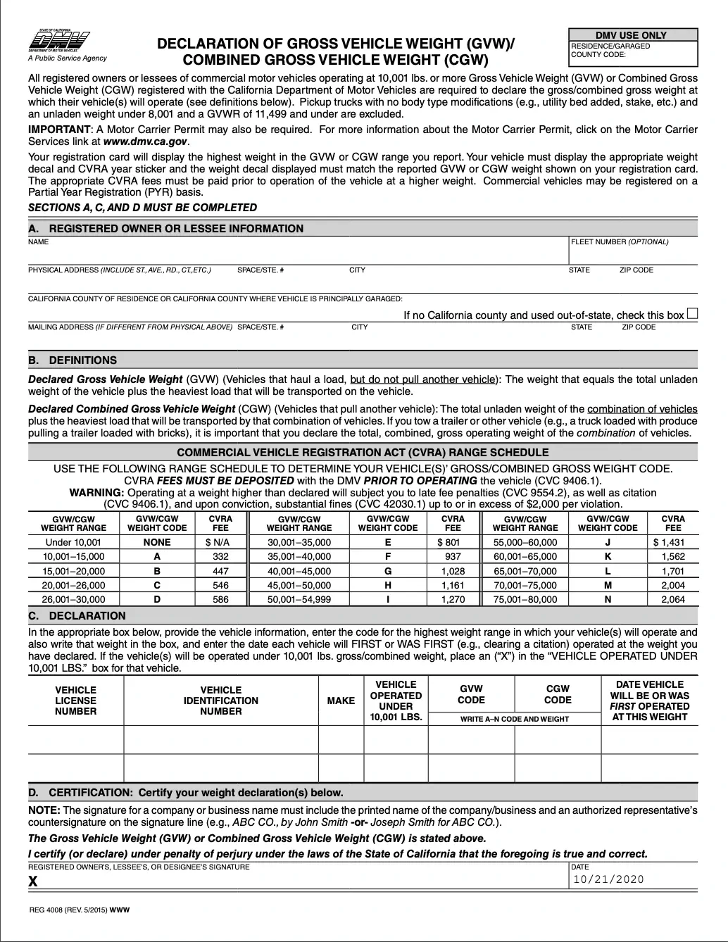 Declaration of GVW/CGW Form