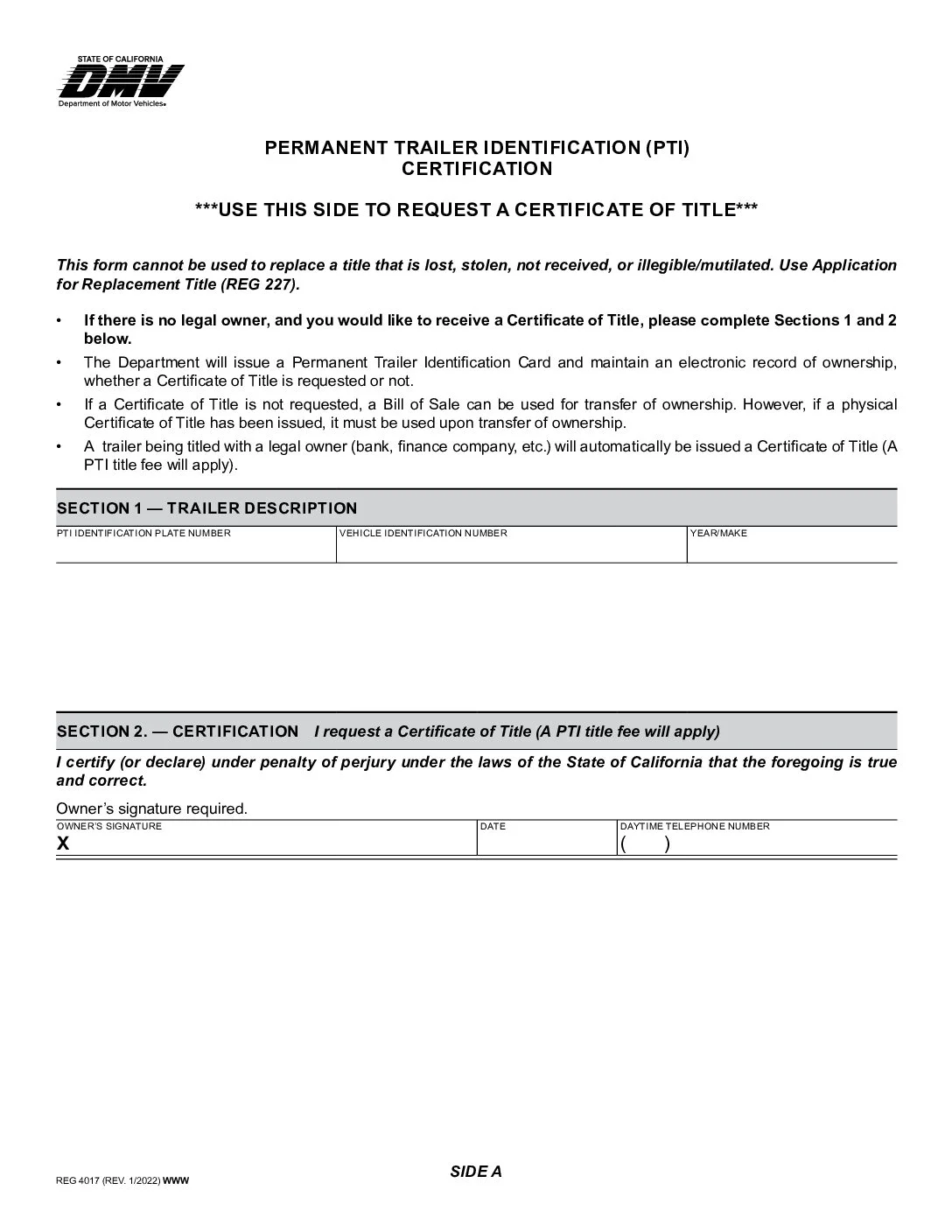 Permanent Trailer Identification Certification Form