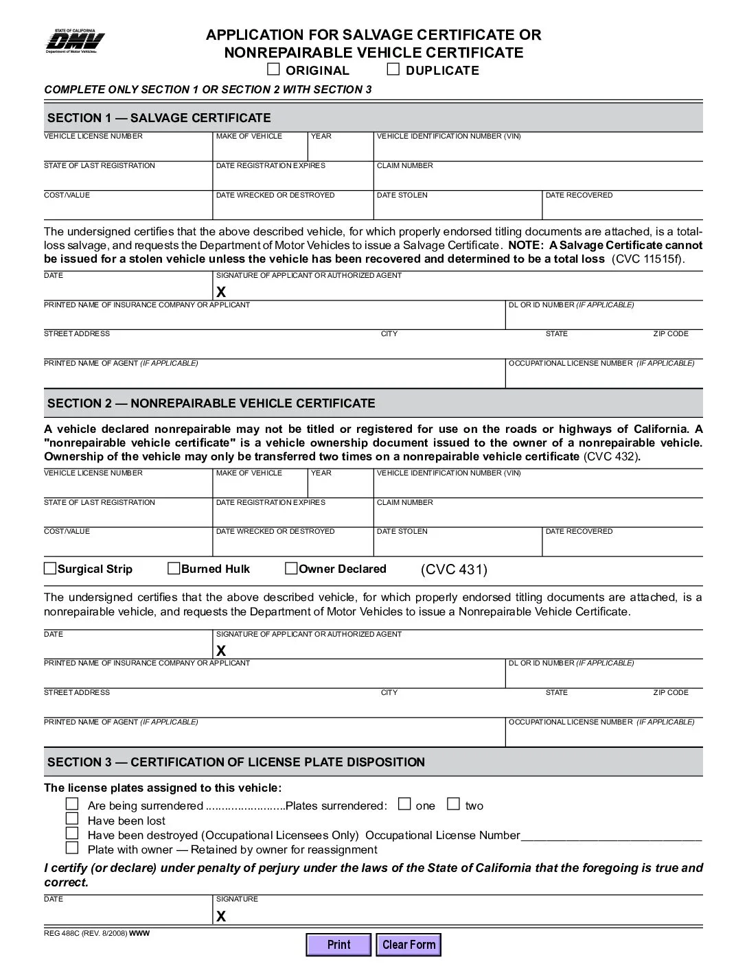 Application for Salvage Certificate or Nonrepairable Vehicle Certificate Form