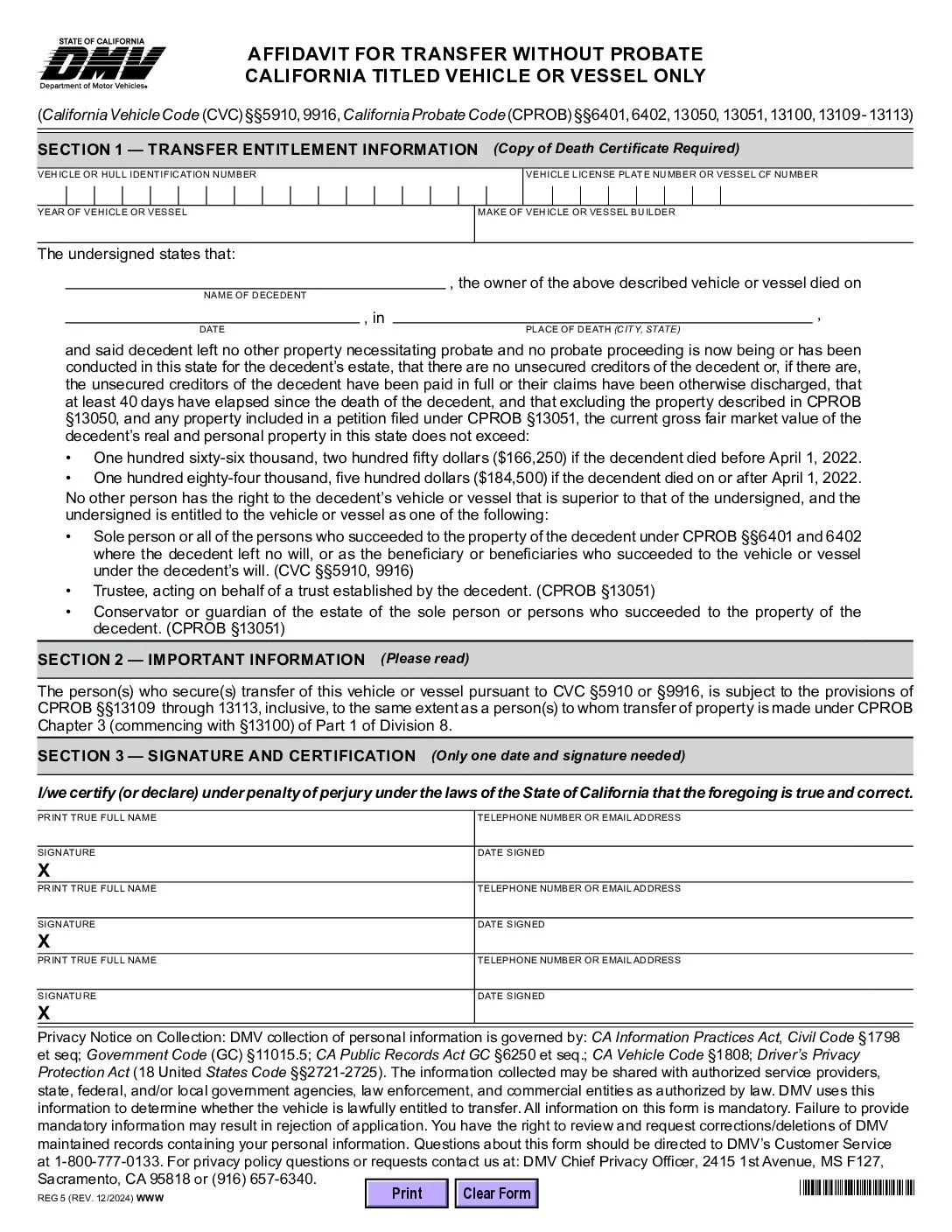 Affidavit for Transfer Without Probate California Titled Vehicle or Vessels Only Form