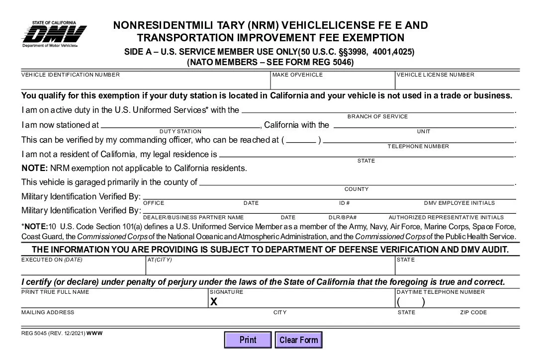 Nonresident Military Exemption Statement Form