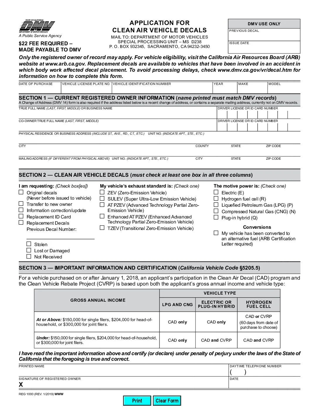Application for Clean Air Vehicle Decals sample illustration